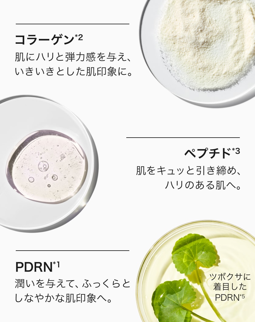 コラーゲン*2 肌にハリと弾力感を与え、いきいきとした肌印象に。 ペプチド*3 肌をキュッと引き締め、ハリのある肌へ。 PDRN*1 ツボクサに潤いを与えて、ふっくらと着目したしなやかな肌印象へ。 ツボクサに着目したPDRN*5