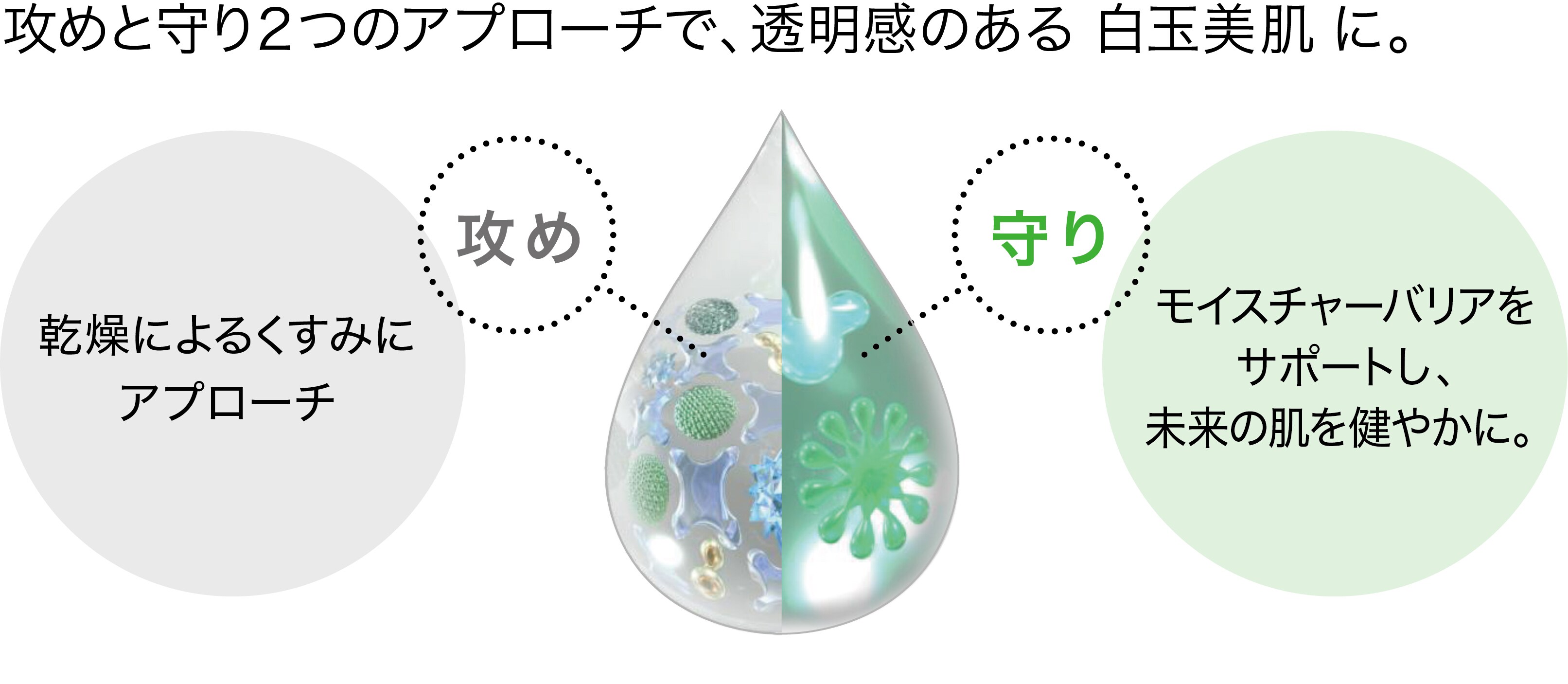 攻めと守り2つのアプローチで、透明感のある白玉美肌に。